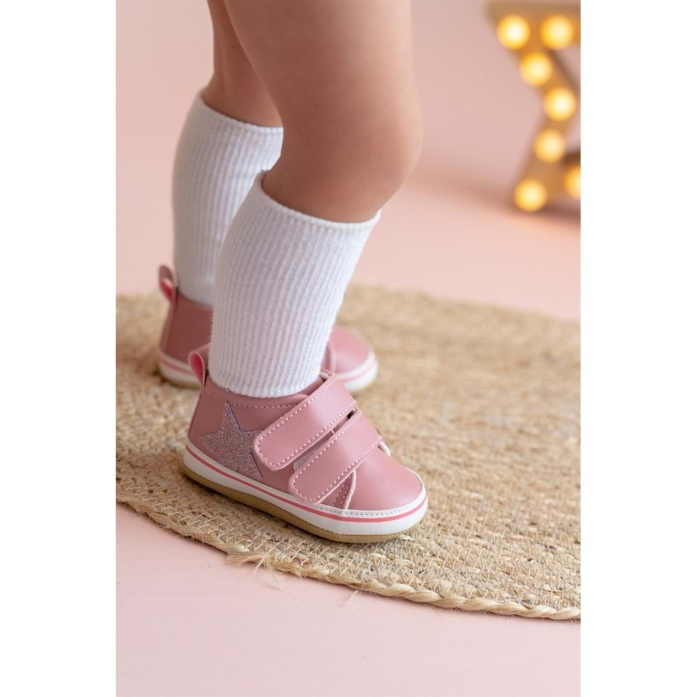 Pembe Simli Yıldızlı Kız Bebek Cırt Cırtlı Patik Yürüme Öcesi-G-2356 Pembe