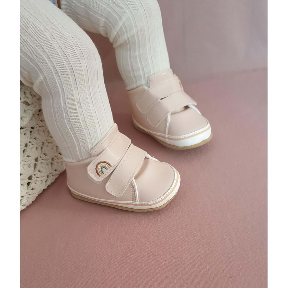 Pudra Gökkuşağı Nakışlı Cırt Cırtlı Kız Bebek Patik-G-2360 Pudra