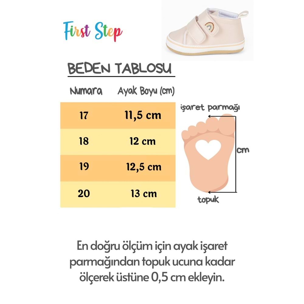 Pudra Gökkuşağı Nakışlı Cırt Cırtlı Kız Bebek Patik-G-2360 Pudra