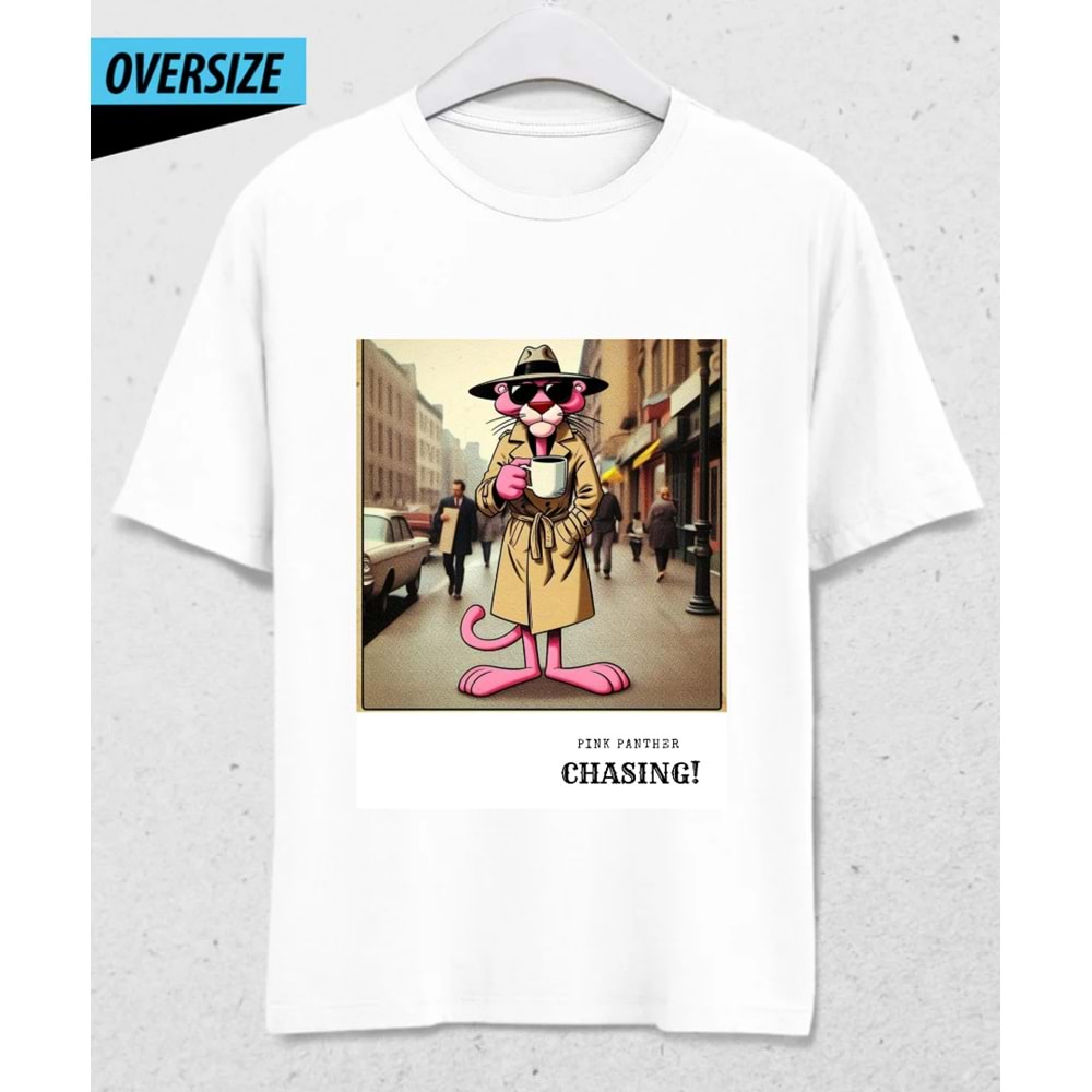 Pink Panther Chasing Oversize Tişört Beyaz (XL Beden)