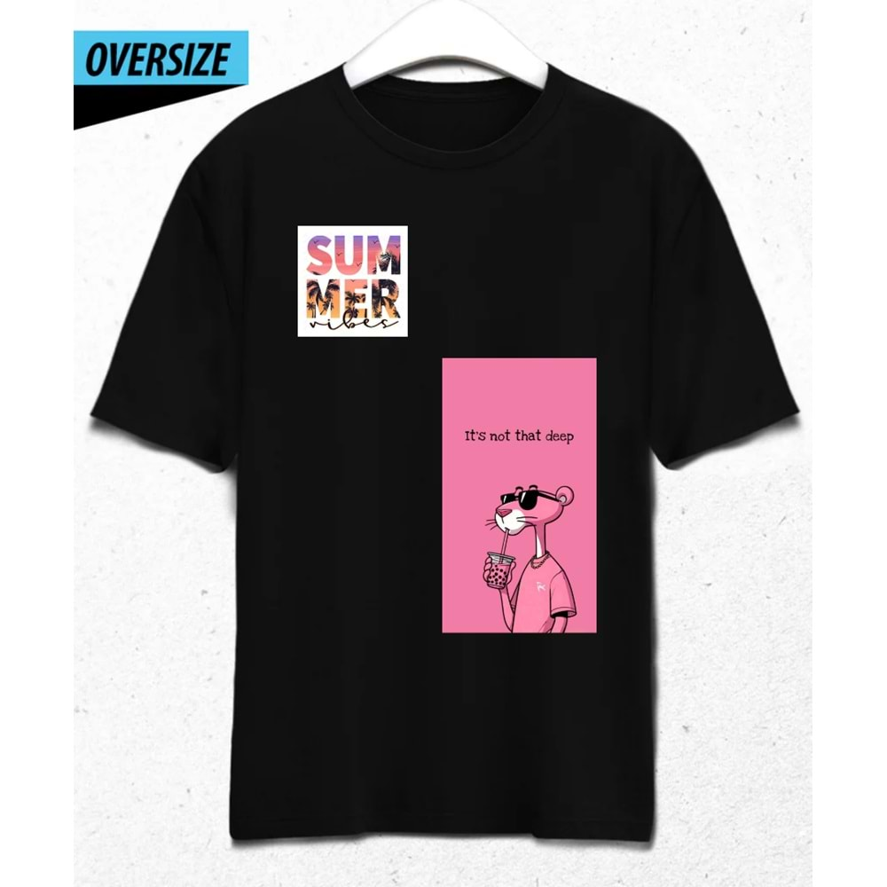 Pink Panther Holiday Oversize Siyah Tişört (S Beden)