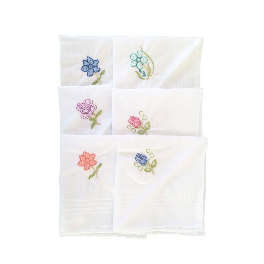 Hediyelik İşlemeli Bayan Mendili 12 Adet 28x28 cm 100 Pamuk