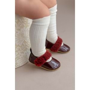 Bordo Tüylü Cırt Cırtlı Rugan Kız Bebek Babet Patik Yürüme Öncesi-G-2355 Bordo