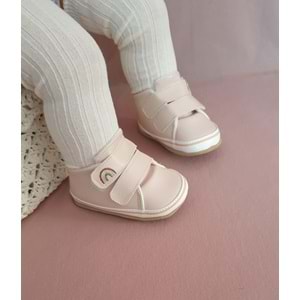 Pudra Gökkuşağı Nakışlı Cırt Cırtlı Kız Bebek Patik-G-2360 Pudra