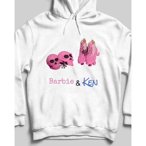 Barbie & Ken Özel Tasarım Kapşonlu Sweatshirt Beyaz