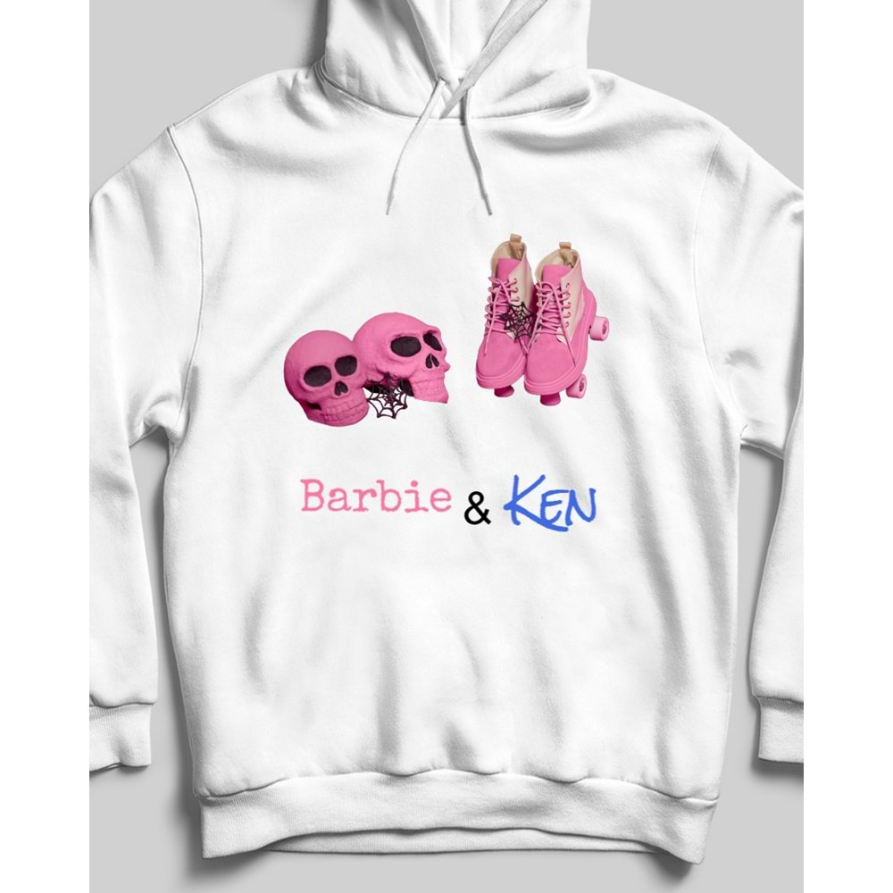 Barbie & Ken Özel Tasarım Kapşonlu Sweatshirt Beyaz